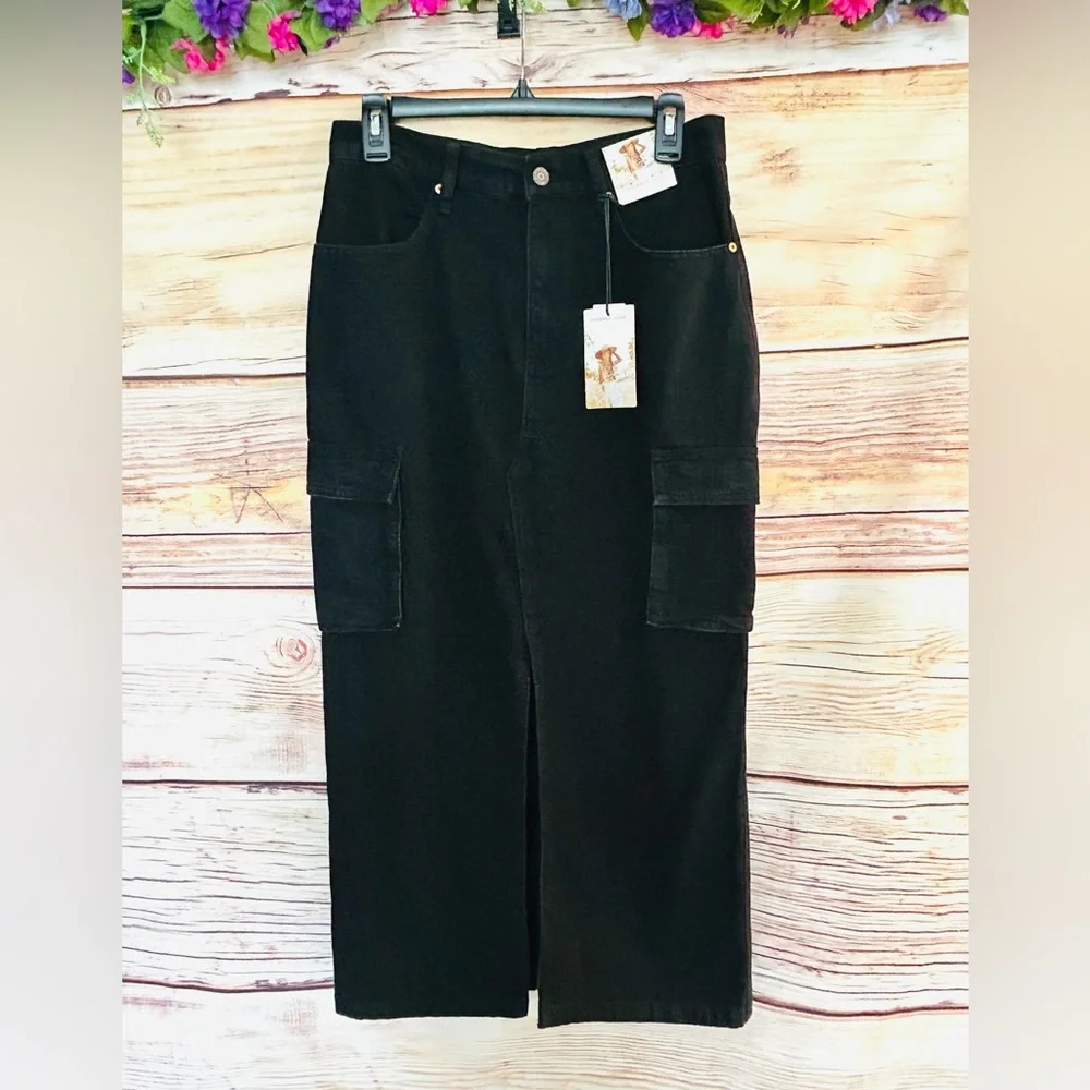 Sincerely Jules Women’s Black Front Slit Cargo Maxi Denim Skirt Size 9/28 NWT